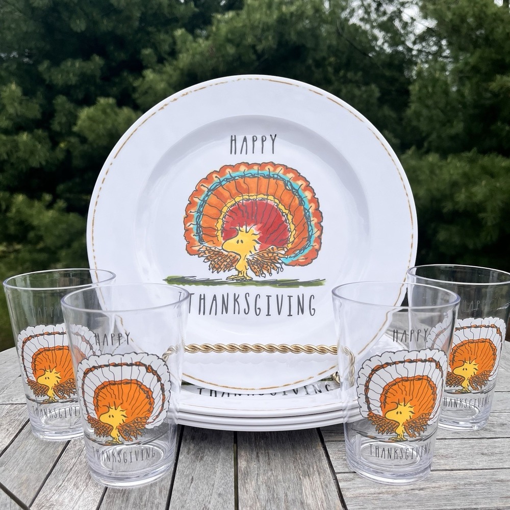 Pottery Barn Kid Set of 4 Thanksgiving 11" Plate | 8oz Tumbler Woodstock Peanuts